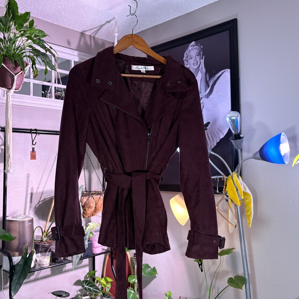 Kenneth Cole New York Burgundy Belted Moto Jacket L Zip Front